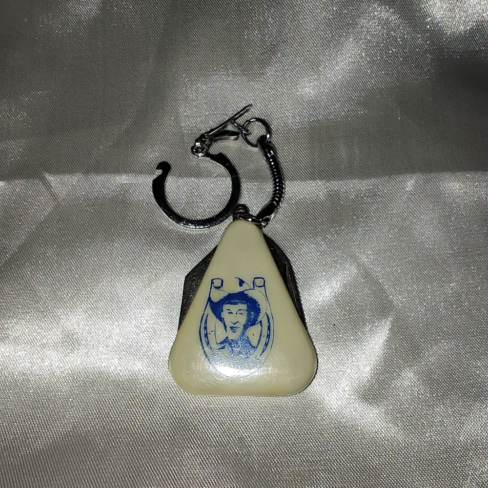 Vintage Will Rogers White and Blue Bottle Opener/Knife Keychain